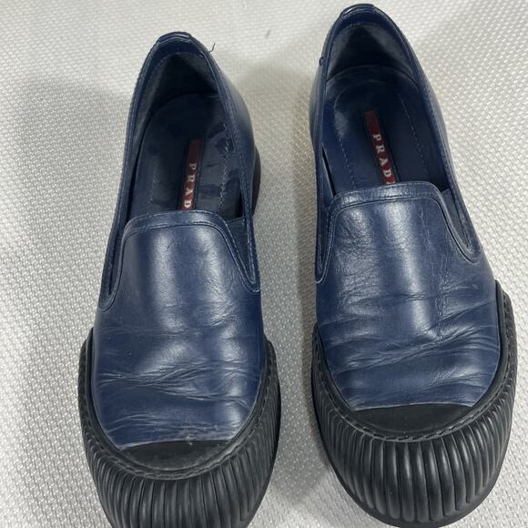PRADA WOMEN BLUE LEATHER SLIDE ON CLASSIC SPORT LOAFERS MADE IN ITALY 35 US 5.5 - Picture 11 of 11